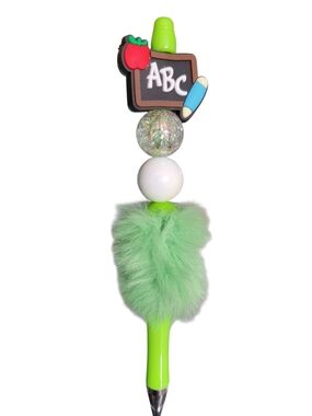 Kids ABC Plush Top Green Ballpoint Pen - Fun School-themed Toy Pen